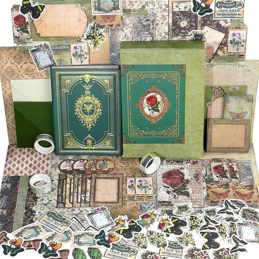 Funto Scrapbooking Kit (185 PCS), Medieval Chapter- Green Forest, Perfect for Bullet Scrapbooking Materials, Planner DIY Craft Collage