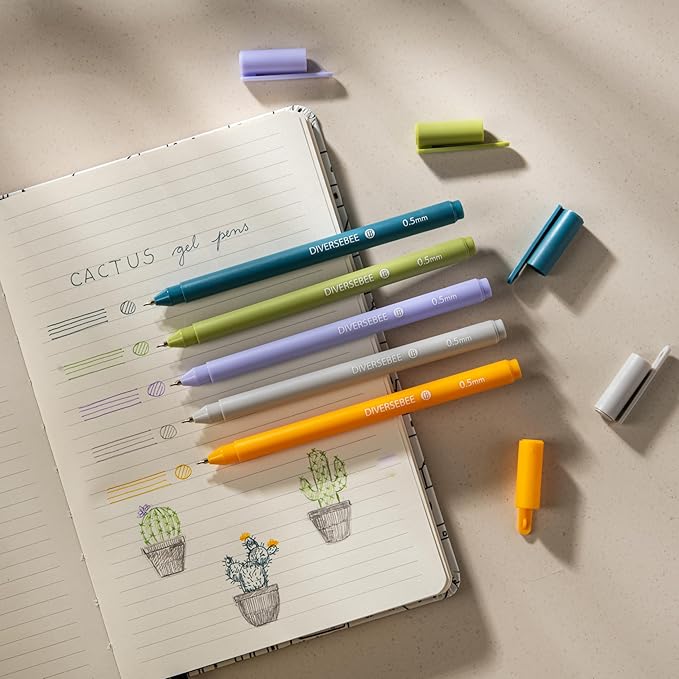 DIVERSEBEE Assorted Gel Ink Pens, 0.5 mm Gel Pens Fine Point, Cute Fine Tip Bible Pens No Bleed Through, Bible Study Journaling Supplies, 5 Pack Set (Cactus)