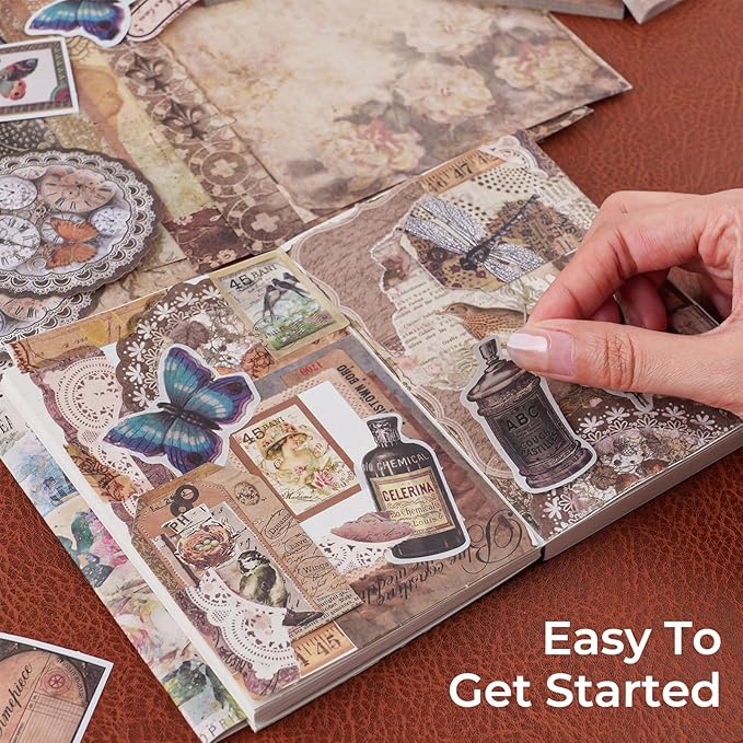 Funto Scrapbooking Kit (202 PCS), Vintage Collection-Wisteria & Butterfly, Perfect for Bullet Scrapbooking Materials, Planner DIY Arts Craft Collage