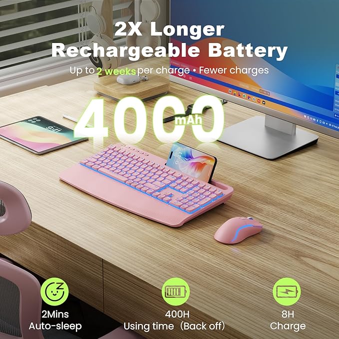Pink Keyboard and Mouse Wireless Combo, 4000mAh Rechargeable Backlit Quiet Keyboards mice set, USB Ergonomic Key Board with Wrist Rest & Phone Holder for PC, Mac, Windows, Natural Soft Typing —SABLUTE