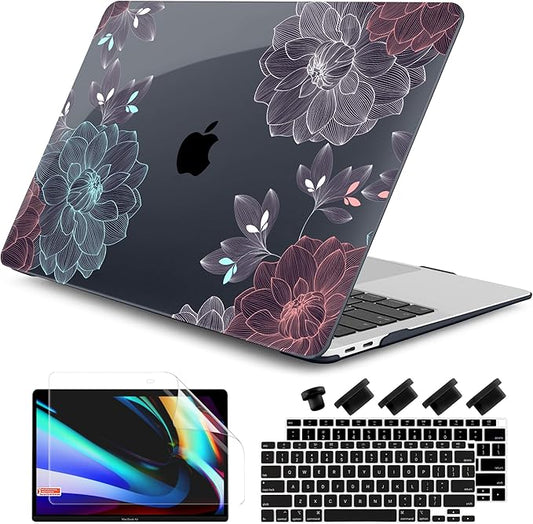 DONGKE Compatible with MacBook Air 13 inch Case 2021 2020 2019 2018 Release A2337 M1 A2179 A1932 with Retina Display Touch ID, Plastic Hard Shell & Keyboard Cover - Dahlia Flowers