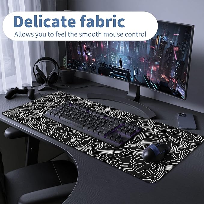 Black Map Gaming Mouse Pad Large Desk Mat Extended Keyboard Mouse Pad XL Mousepad with Non-Slip Base and Stitched Edge Black Mouse Mat Desk Pad 31.5 X 11.8 in Mouse Pads for Desk Gaming Home Office