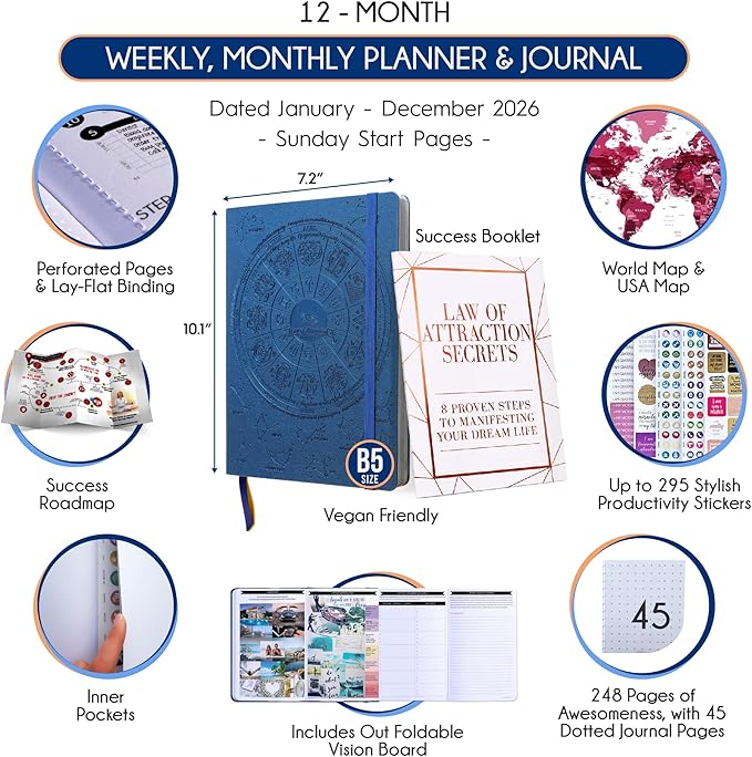 2026 Planner Weekly and Monthly | Law of Attraction Planner with Panduo App | A 12 Month Journey for Productivity, Gratitude & Goal Setting | Includes Foldable Vision Board, Gift Box & Stickers