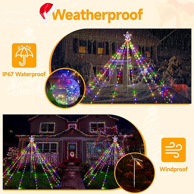 Ollny Christmas Lights Tree 340LED with Topper Star, IP67 Waterproof Remote Control Waterfall Lights with Pole, 16 Modes 3 Timers Dimmable Christmas Decorations Outdoor Yard Garden Lawn Multicolored