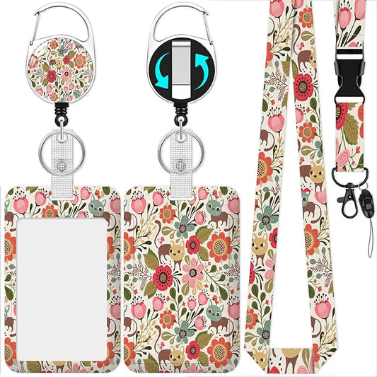 Flower cat Badge Holder Reel Lanyard,ID Card Badge Holder Retractable Name Tag Clips for Doctor Nurse Teacher Office Student