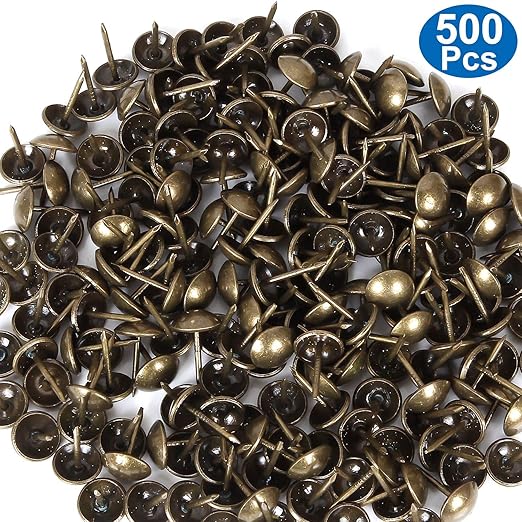 500Pcs Decorative Upholstery Tacks, 7/16” Antique Furniture Nails Pins, Brass Finish Metal Thumb Tack Stud Push Pins for Sofa Chair Bed Headboard, Upholstery Pin Assortment Kit for Furniture Décor