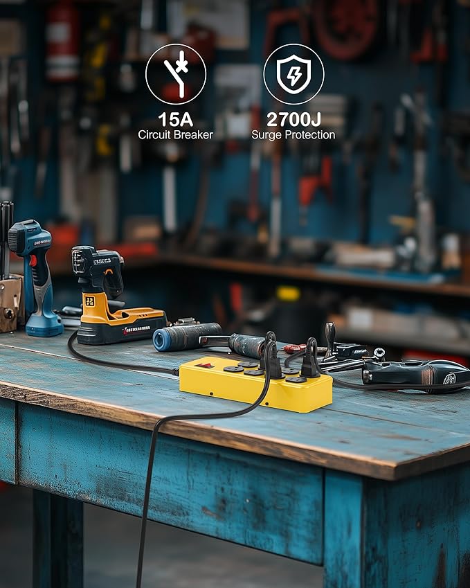 Heavy Duty Power Strip,Industrial Heavy Metal Case Surge Protector,8 AC Outlets,15Amp,2700 Joules,Protected' Indicator,14 Gauge Cord (Yellow, 6FT Length)