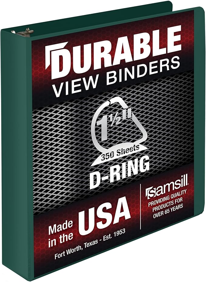 Samsill Durable 1.5 Inch Binder, Made in The USA, D Ring Binder, Customizable Clear View Cover, Green, Holds 350 Pages