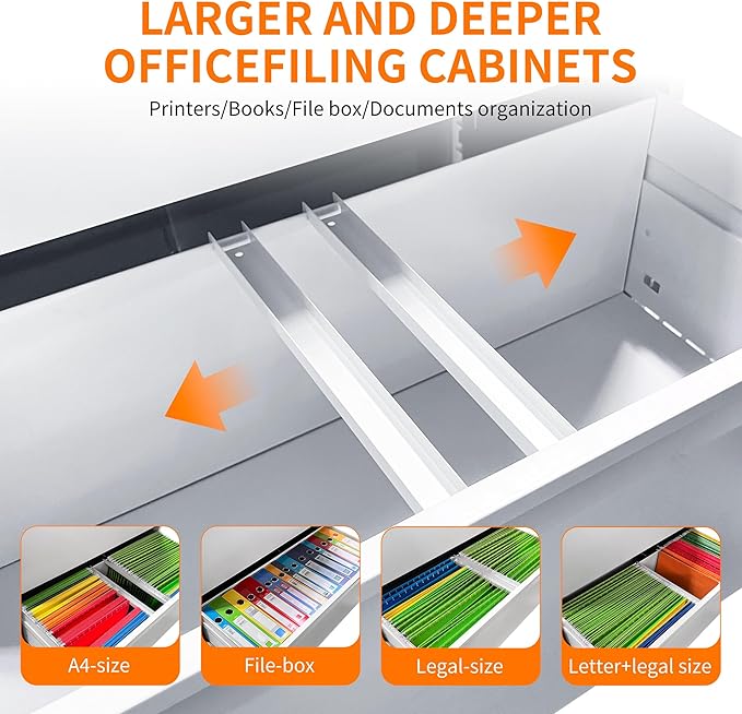 Locking Filing Cabinet with 4 Drawer Heavy Duty Large Metal Cabinet Home Office White Lateral File Cabinets Wide Steel Cabinets for Legal/Letter Size File,Assembly Required