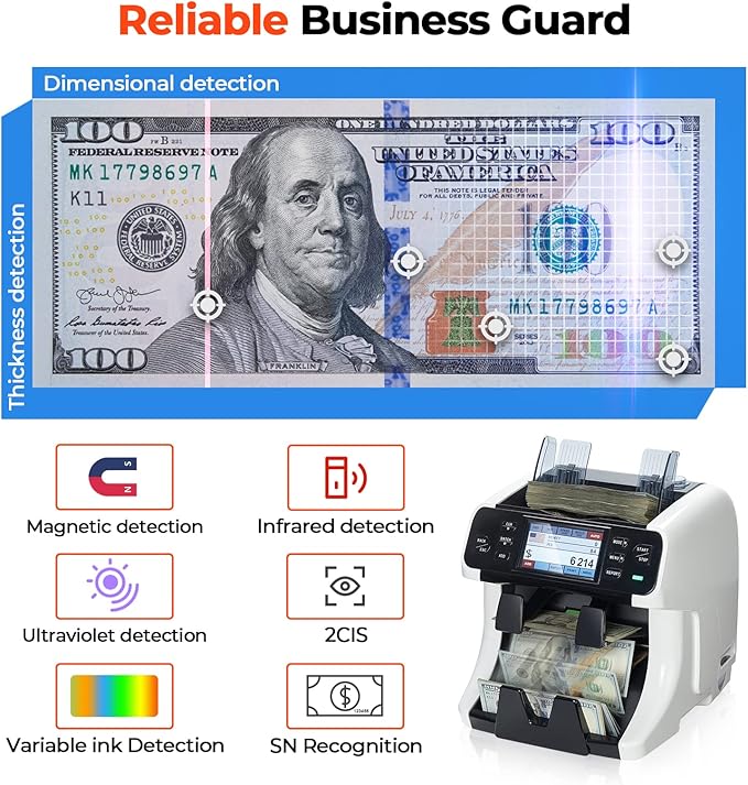 MUNBYN IMC40 2-Pocket Money Counter Machine Mixed Denomination and Sorter, Built-in Printer, Sort on DENOM/FACE/ORI, Value Counting, Counterfeit Detection 2 CIS/UV/MG/IR, Touch Screen, 2Y Protection