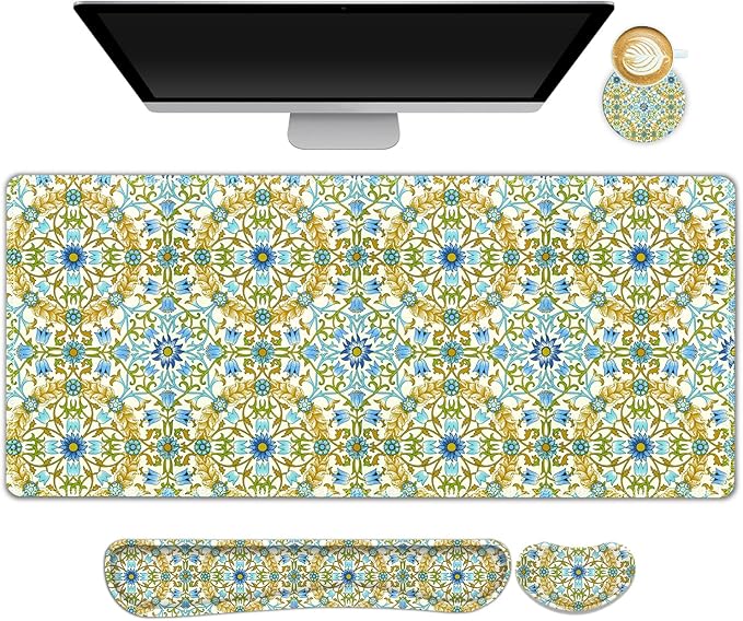 ARTSO Large Gaming Mouse Pad with Wrist Rest Wrist Support, Ergonomic Keyboard Mat Wrist Rest Desk Pad, Home Office Desk Accessories Decor Supplies, Blue Green Bohe Flower Plant