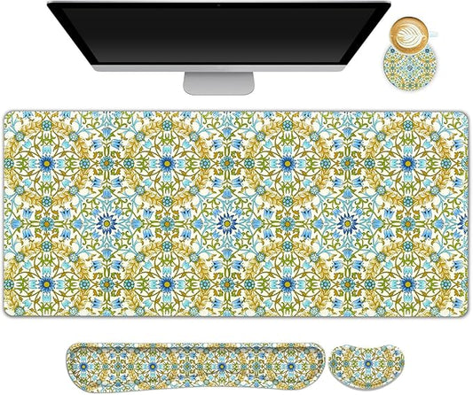 ARTSO Large Gaming Mouse Pad with Wrist Rest Wrist Support, Ergonomic Keyboard Mat Wrist Rest Desk Pad, Home Office Desk Accessories Decor Supplies, Blue Green Bohe Flower Plant