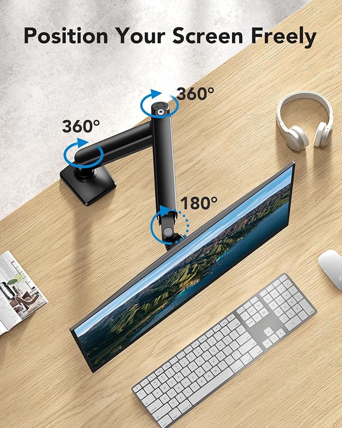 HUANUO Single Monitor Arm 13-34 Inch, Adjustable Gas Spring Arm, Monitor Desk Mount for 4.4-22lbs, VESA 75/100mm with C-Clamp/Grommet Base, Ergonomic Stand for Work/Gaming