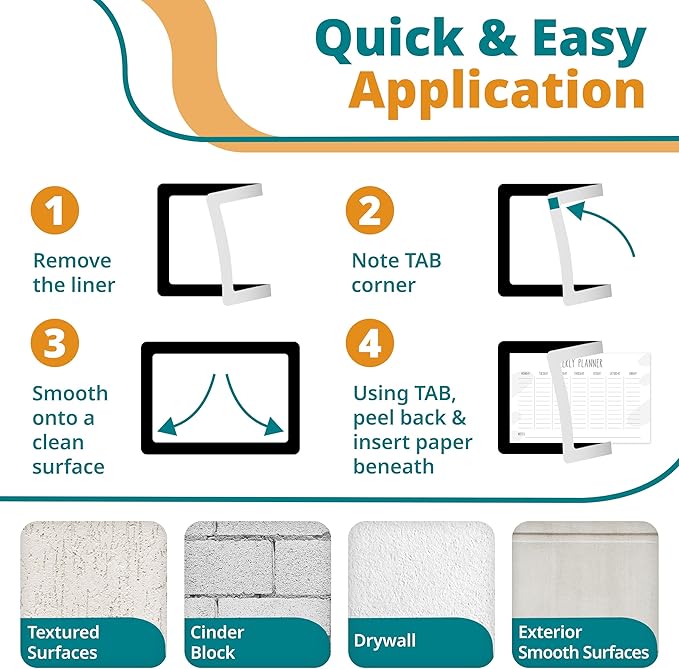 8.5 x 11 Adhesive Wall Frames - Peel & Stick Picture Frames, Wall Sign Holder, Paper Protector Sheets, Certificate Holders, Reusable Picture Frame, Dry Erase, Non Magnetic - White, Pack of 5