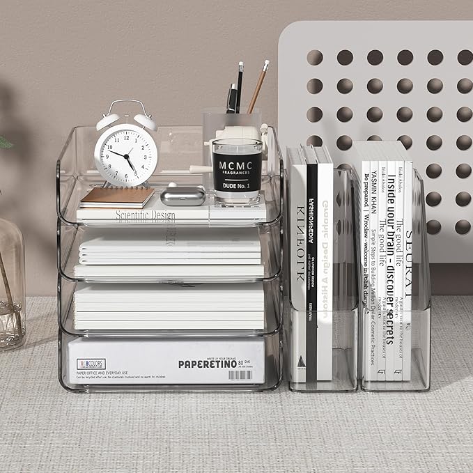 4-Tier Brown Acrylic Paper Tray Organizer for Desk + 2 Bookends – Stackable Letter Tray, Acrylic Desk Accessories/File Organizer, Office Paper Organizer