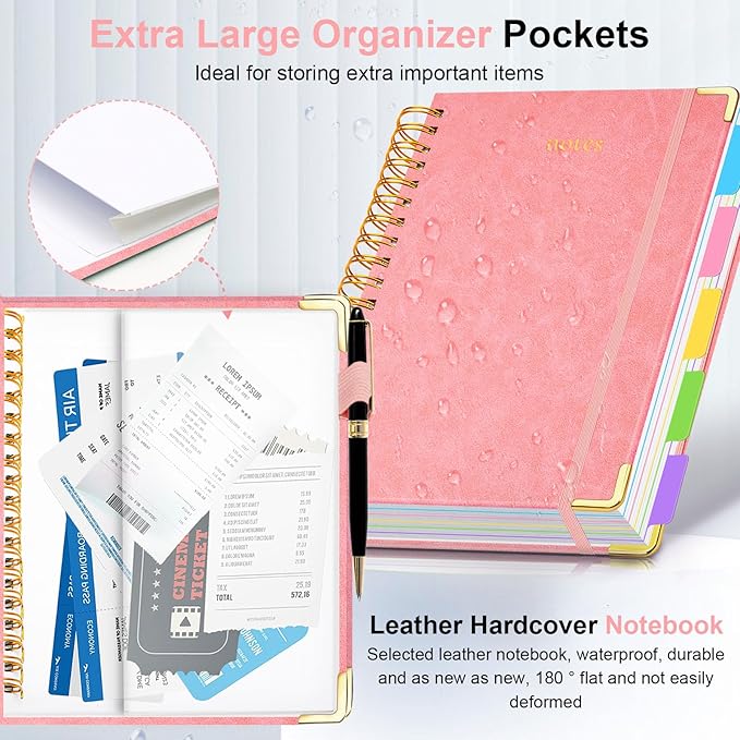 Hardcover Spiral Notebook 8"x10" Journal Notebook with Tabs and Removable Dividers 300 Pages 5 Subject Notebook College Ruled, Faux Leather Spiral Bound Notebook for Women, Students, School Work (Pink)