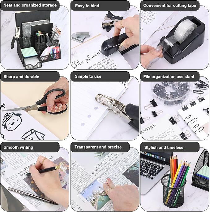 SYMDROMIA 13-in-1 Office Desk Organizer Set with Stapler and Tape Dispenser, Pen Holder, Scissors, Ruler, Hole Punch, 2 Pens & More Desktop Accessories for Back to School Supplies (Black)