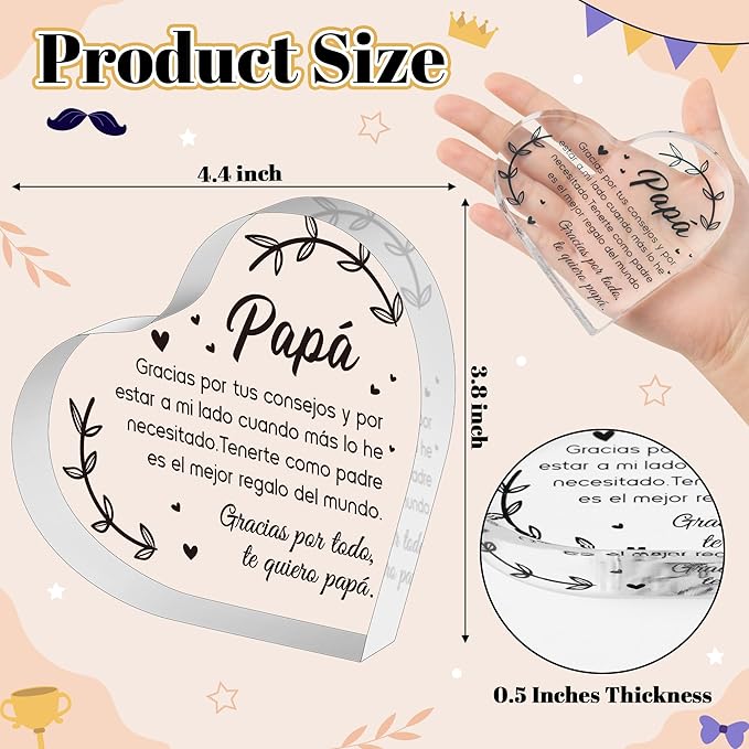 Yopyame Spanish Dad Birthday Gifts - Regalos para Papá Heart Acrylic Plaque for Office Desk Decor Keepsake Paperweights Gifts for Dad in Spanish Christmas Father's Day Gifts for Dad from Daughter Son