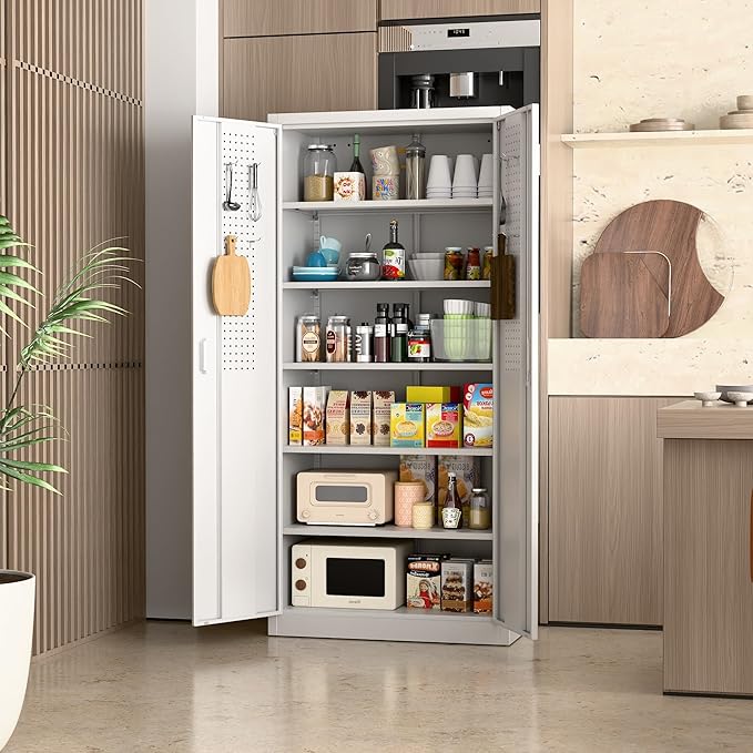 Aobabo Upgraded 71" H×34" W×18" D Metal Garage Storage Cabinet with Pegboards, Lockable Steel Cabinet with 5 Adjustable Shelves and 4 Hooks for Garage, Home, Office, White,Assembly Required