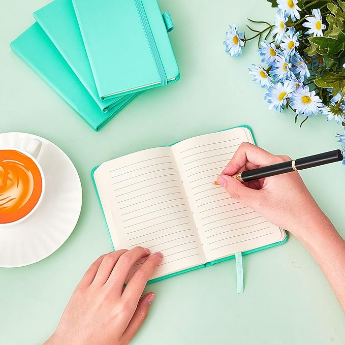 40 Pieces Small Notebooks A6 Pocket Journals 3.5 x 5.5 Inch Small Leather Notebook Mini Ruled Lined Journal with Elastic Band Pen Holder Page Marker Ribbons (Light Blue)