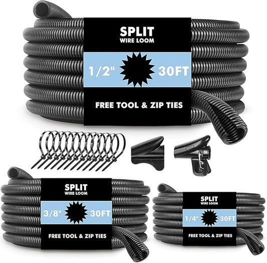 Automotive Wire Loom Flame Retardant Split Wire Loom Tubing Assortment Wiring Loom Kit Plastic Cover Electrical Covering Conduit Protective Wire Wrap Cable Sleeves Black 1/4", 1/2", 3/8" x 30 Ft