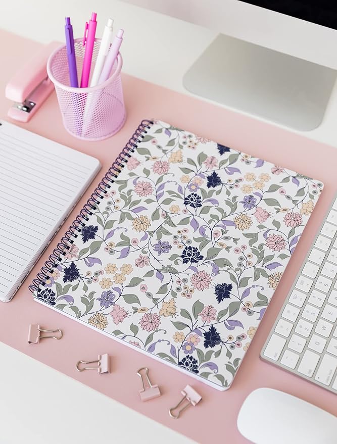 Steel Mill & Co Cute Floral Large Spiral Notebook College Ruled, 11" x 9.5" with Durable Hardcover and 160 Lined Pages, Purple Vine Ditsy