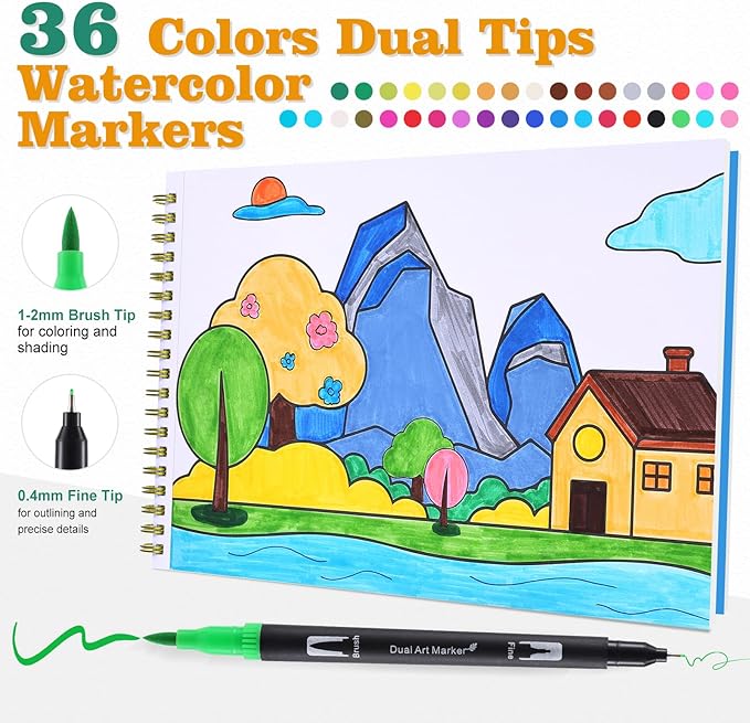 Easy Creative Coloring Book Set for Kids & Adults with 30 Patterns, 36 Color Markers, 10 Hangable Coloring Cards & 5 Premium Blank Watercolor Papers - Arts and Crafts Gift for Relaxation