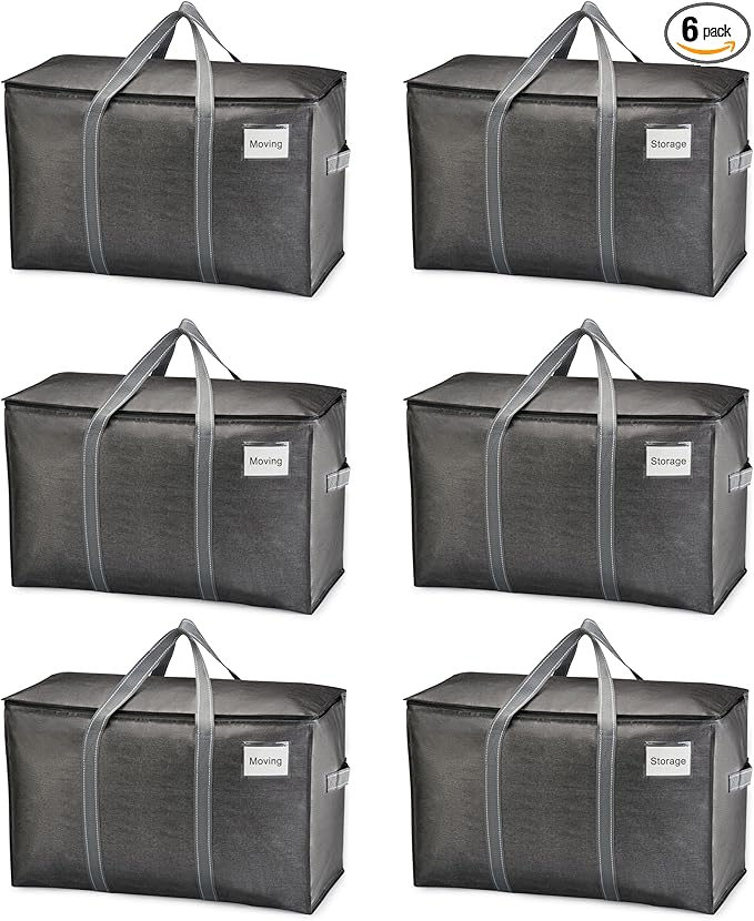VENO 6 Pack Moving Bags, Heavy Duty, Moving Boxes Alternative, Packing Storage Supplies for Dorm Room Essentials with Zipper for Clothes, Extra Large Totes for Packaging (Dark Gray, 6 Pack)