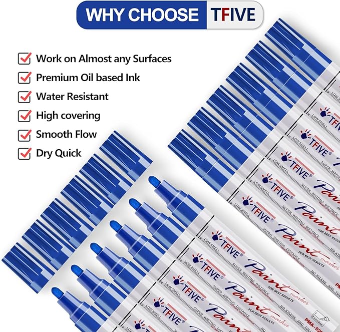 TFIVE Blue Paint Pens Markers - 12 Pack Oil Based Permanent Marker, Medium Tip, Never Fade, Quick Dry, Waterproof Paint Pen for Rocks Painting, Wood, Fabric, Plastic, Canvas, Glass, Metal