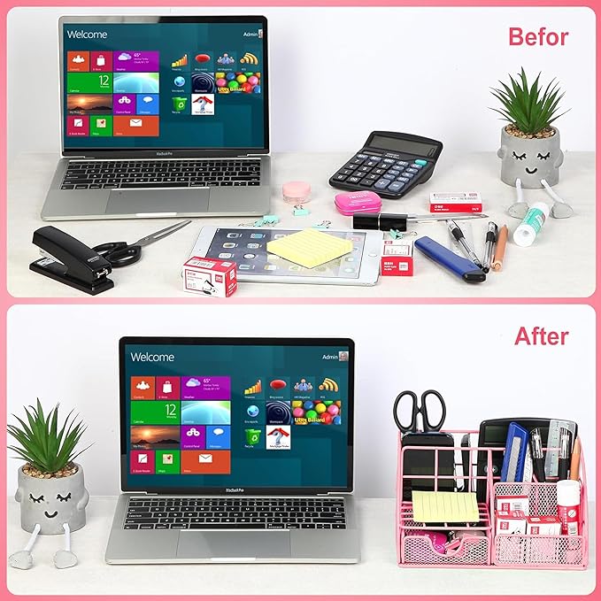 Pink Desk Organizers and Accessories Office Supplies Set Stapler, Pen Holder, Phone Holder, Scissors, Pen, Ruler, 30 Paper Clips, 22 Binder Clip, 20 Tacks and 1000pcs Staples