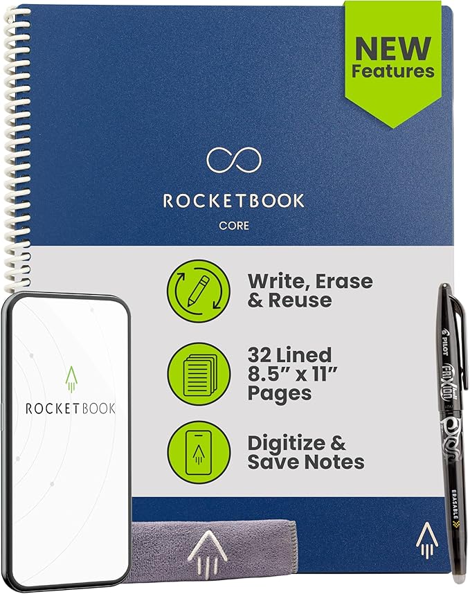 Rocketbook New Core Reusable Spiral Notebook, Letter Size 8.5x11, Navy Blue - Lined Pages, App-Connected, Erasable, Durable Cover, Ideal for School, Work, and Creative Projects
