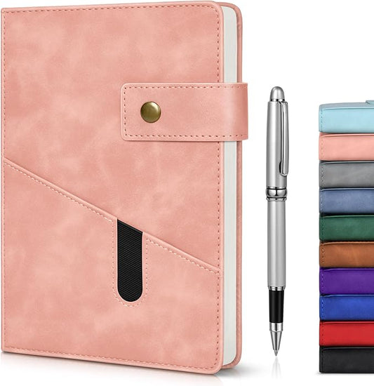 Pink A5 Lined Leather Journal Notebook for Men Women,5.9" X 8.4" Personalized Hardcover Journal with Pen,200 Pages 100 Gsm Thick Ruled Paper Daily Diary for Travel,Business,Work,Writing