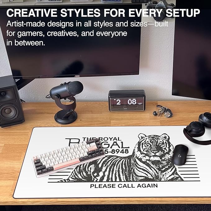 MPCO. OZGMX Large Gaming Desk Pad - 36" x 17" Aeroglyde Fabric Royal Bengal White Desk Mats - Non-Slip, Washable, Smooth Glide for Precision Gaming & Work