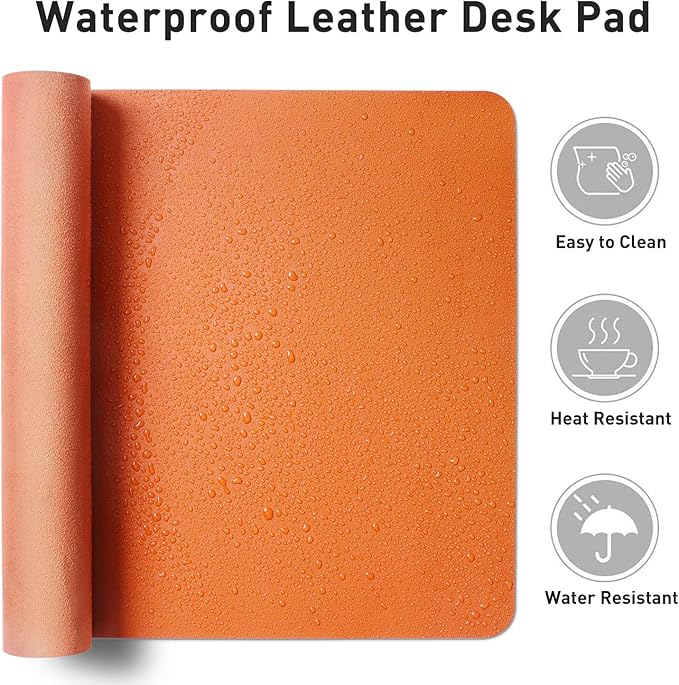 Aothia Faux Leather Desk Mat – Large Mouse Pad, Non-Slip PU Leather Blotter, Waterproof Writing Surface for Office and Home (Orange, 47.2" x 23.6")