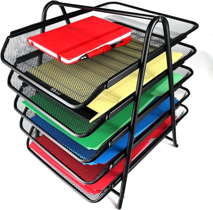 Huron Desktop Horizontal File Binder Organizer Storage Letter Tray, 5 Slot, Black Steel Mesh