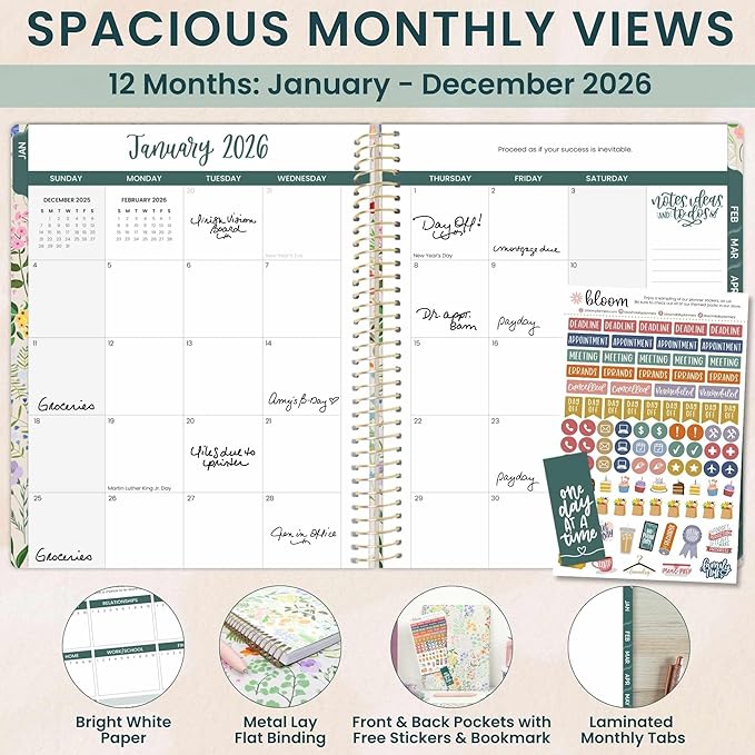 bloom daily planners 2026 Planner (January to December) - 8.5” x 11” Weekly & Monthly Dated Agenda Organizer Book with Stickers & Tabs - Flexible Soft Cover - Garden Party, Beige