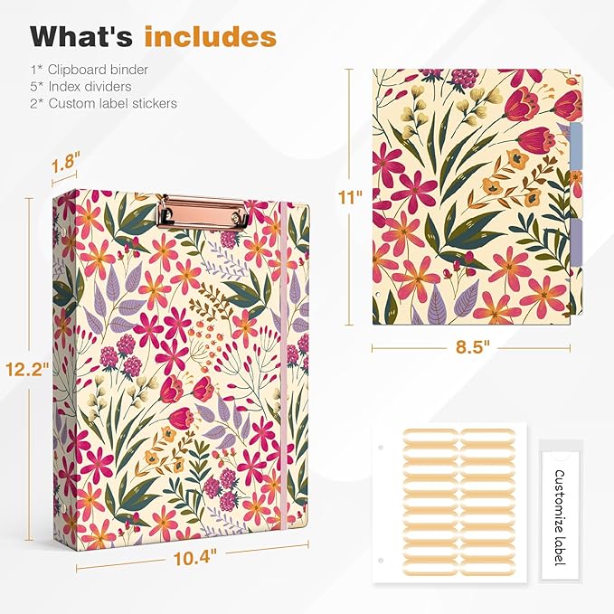 Ospelelf 3 Ring Floral Binder with Dividers, 1 inch Rings, 1.6 inch Spine, for Letter Size (11" x 8.5") Paper, Clipboard Organizer, for School and Office Supplies
