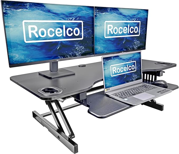 Rocelco 45" Height Adjustable Standing Desk Converter with Dual Monitor Mount and Slide Out Retractable Keyboard Tray - Sit Stand Up Triple Screen Tabletop Riser Workstation - Black (R ADRB-45-DM2)