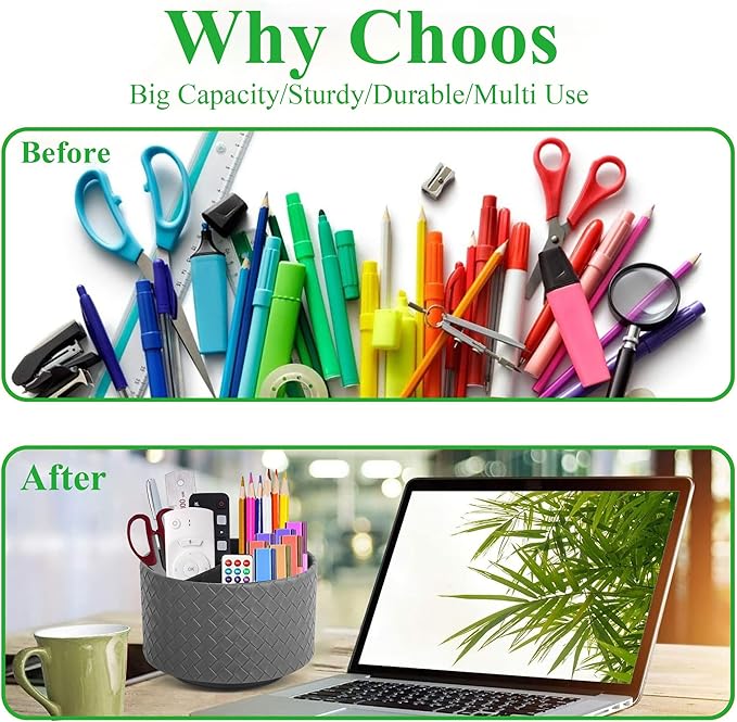 Hennaja Round Leather Art Supply Organizer,Remote Control Holder,360 Degree Spinning,Multi-Functional Pencil Holder,4 Compartments Desktop Stationary Organizer(1-Weave Grey)