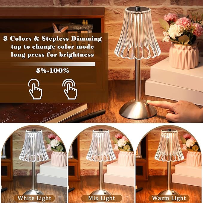 Liliful 2 Pcs LED Portable Cordless Table Lamp Touch Battery Operated Rechargeable Gold Desk Lamp 3 Color Dimmable for Bedroom Living Room Dining (Silver,Rose Style)