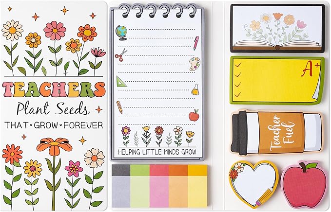 Xqumoi Retro Wildflowers Teachers Sticky Notes Set - Teacher Plant Seeds Self-Stick Note Pads Teacher Appreciation Notepads Writing Memo Pad Page Marker Back to School Office Supplies Thank You Gift