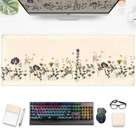 Wildflowers Desk Pad Beige Yellow Gaming Desk Mat, Large Keyboard Mouse Pad XL, Extended Full Laptop Mouse Mat, Office & Home Decor for Women, Desktop Aesthetic Accessories 31.5" x 11.8"