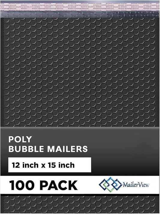 Black Large Poly Bubble Mailers 12x15 inch | Self Seal Padded Envelopes Cushioned Bubble Mailer | Usable Size 12x15 | WaterProof | Lightweight mailing Shipping Bags | 100 Pack Bulk