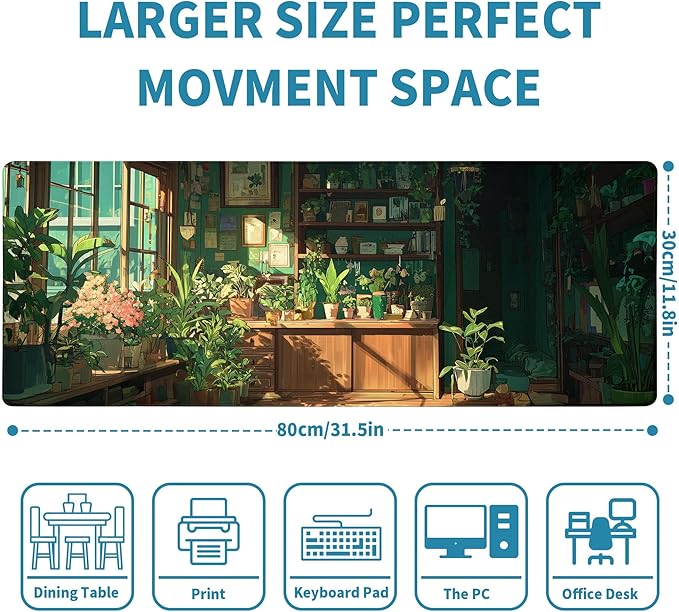 Green Plant Mouse Pad Desk Mat XL Extended Large Gaming Desk Pad Mousepad, Fresh Leaves Bookshelf Computer Laptop Keyboard and Mouse Mat, Desktop Protector Mat for Office and Home 31.5x11.8 in