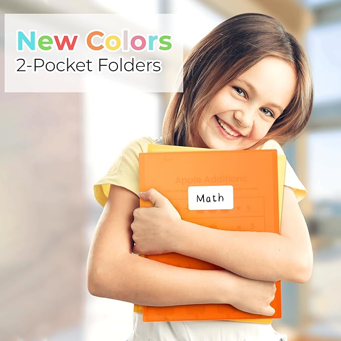 Dunwell Plastic 2-Pocket Folders, (6 Pack) Pastel Colors, 8.5x11 Folders with Pockets, Tear-Resistant Long Lasting Acid-Free Poly, Cleanable, Includes Labels