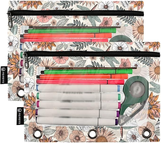 ALAZA Pencil Pouch for 3 Ring Binder, Boho Flowers and Dragonflies Binder Pencil Pouches with Clear Window Zipper Pencil Case Cosmetic Bags for Office College Supplies, 2PCS