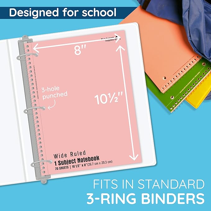 Blue Summit Pastel School Notebooks, 1 Subject Notebooks for School Wide Ruled, 6 Pack
