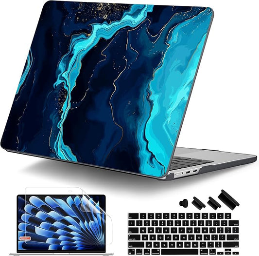 DONGKE Compatible with M4 MacBook Air 15 inch Case 2025 2024 2023 A3241 A3114 A2941 M3 M2 Liquid Retina Display Touch ID, Plastic Hard Case & Keyboard Skin & Screen Protector - Blue Marble