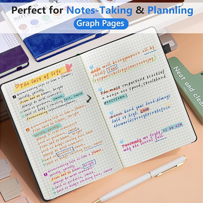 PERCUN Graph Paper Notebook, 160 Pages Grid Journal for women & men, A5 Hardcover Leather Graphing Notebook for School, Work, Travel, Note Taking 5.9”x8.5” (Black)