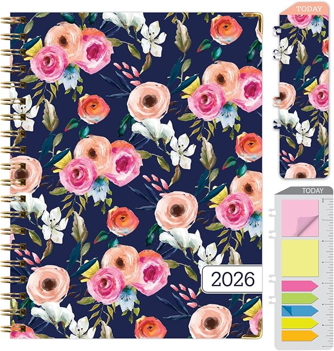 HARDCOVER 2026 Planner, 7"x9": 14 Months (November 2025 - December 2026), Daily Weekly Monthly Planner, Yearly Agenda, Bookmark, Pocket Folder and Sticky Note Set (Small Navy Floral)
